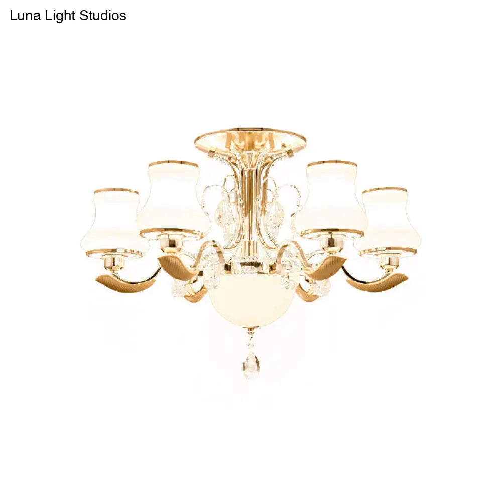 Traditional Gold Pear Shaped Bedroom Ceiling Light With Milk Glass Semi Mount - 3/6 Bulbs