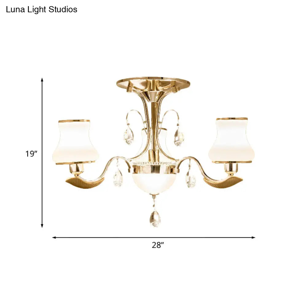 Traditional Gold Pear Shaped Bedroom Ceiling Light With Milk Glass Semi Mount - 3/6 Bulbs