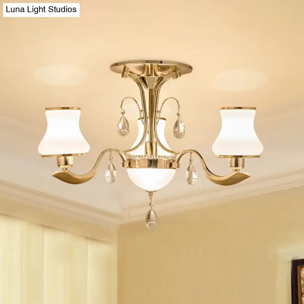 Traditional Gold Pear Shaped Bedroom Ceiling Light With Milk Glass Semi Mount - 3/6 Bulbs 3 /