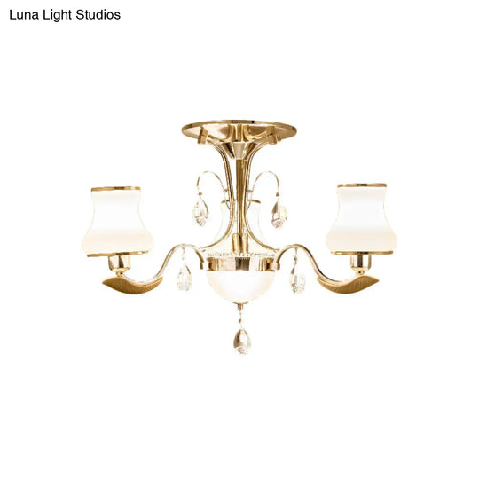 Traditional Gold Pear Shaped Bedroom Ceiling Light With Milk Glass Semi Mount - 3/6 Bulbs