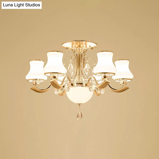 Traditional Gold Pear Shaped Bedroom Ceiling Light With Milk Glass Semi Mount - 3/6 Bulbs