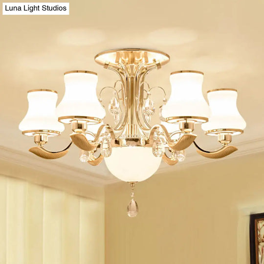 Traditional Gold Pear Shaped Bedroom Ceiling Light With Milk Glass Semi Mount - 3/6 Bulbs