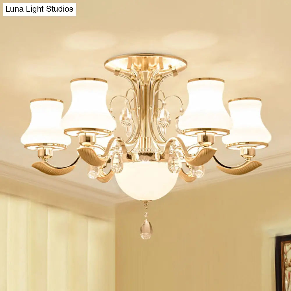 Traditional Gold Pear Shaped Bedroom Ceiling Light With Milk Glass Semi Mount - 3/6 Bulbs