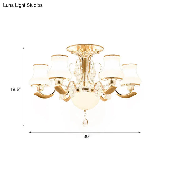 Traditional Gold Pear Shaped Bedroom Ceiling Light With Milk Glass Semi Mount - 3/6 Bulbs