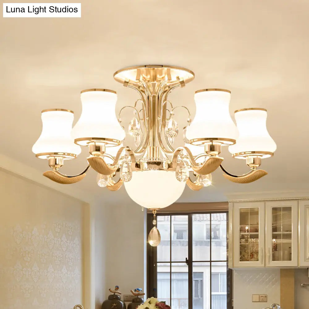 Traditional Gold Pear Shaped Bedroom Ceiling Light With Milk Glass Semi Mount - 3/6 Bulbs 6 /