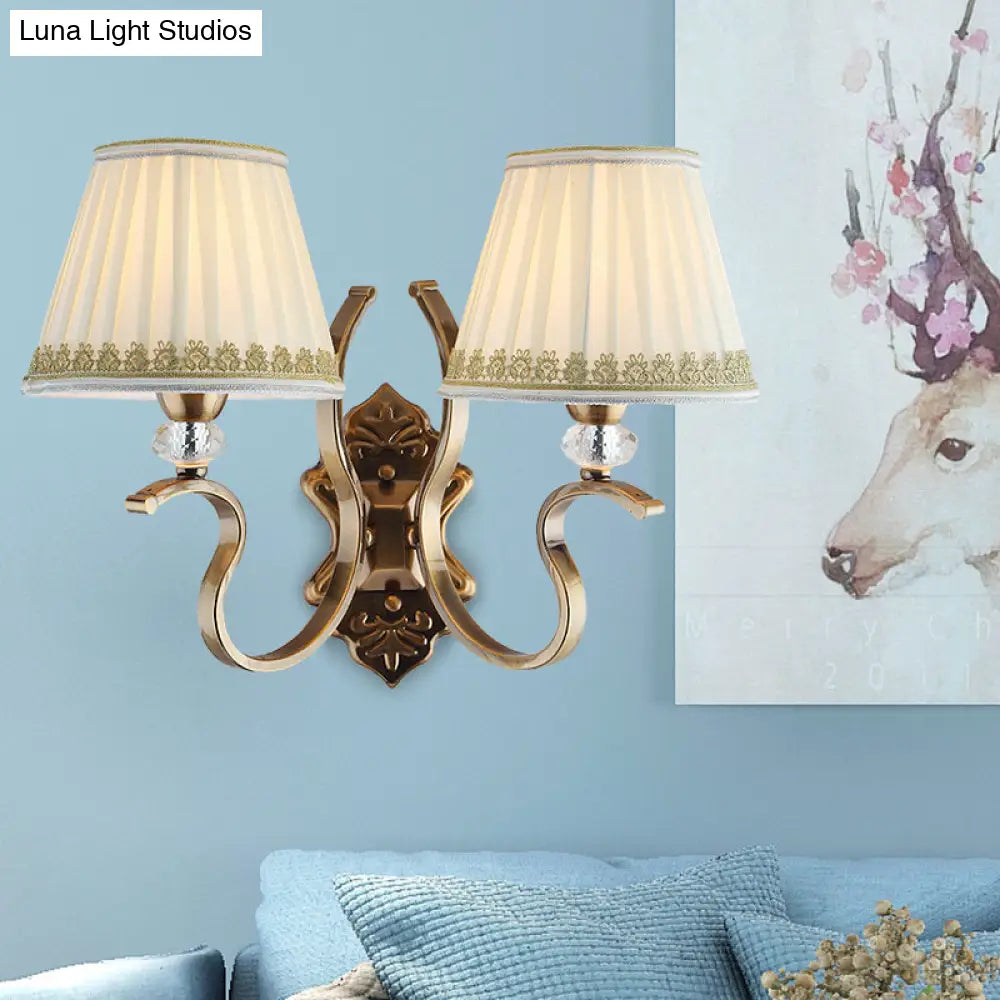 Traditional Gold Pleated Wall Sconce With Crystal Accent - Fabric Shade Half Bulb Ideal For Living