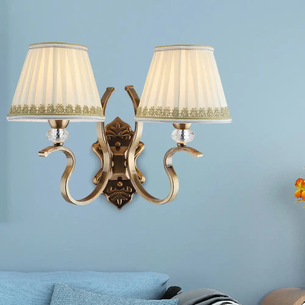 Traditional Gold Pleated Wall Sconce With Crystal Accent - Fabric Shade Half Bulb Ideal For Living