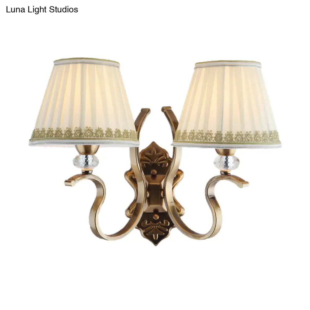 Traditional Gold Pleated Wall Sconce With Crystal Accent - Fabric Shade Half Bulb Ideal For Living