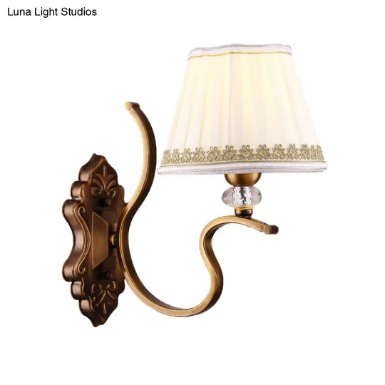 Traditional Gold Pleated Wall Sconce With Crystal Accent - Fabric Shade Half Bulb Ideal For Living