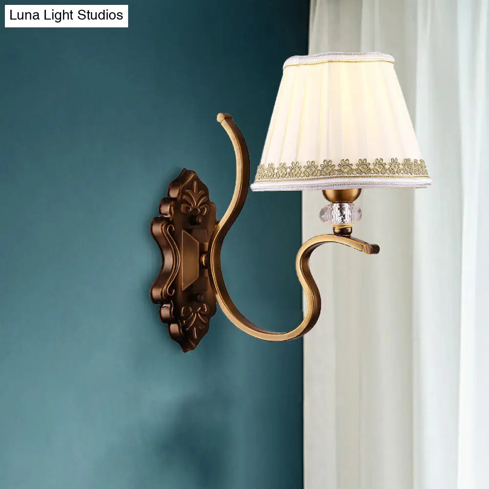 Traditional Gold Pleated Wall Sconce With Crystal Accent - Fabric Shade Half Bulb Ideal For Living