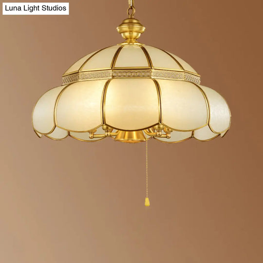 Traditional Gold Scalloped Corridor Chandelier Light - 6 Bulbs Cream Glass Suspension With Pull