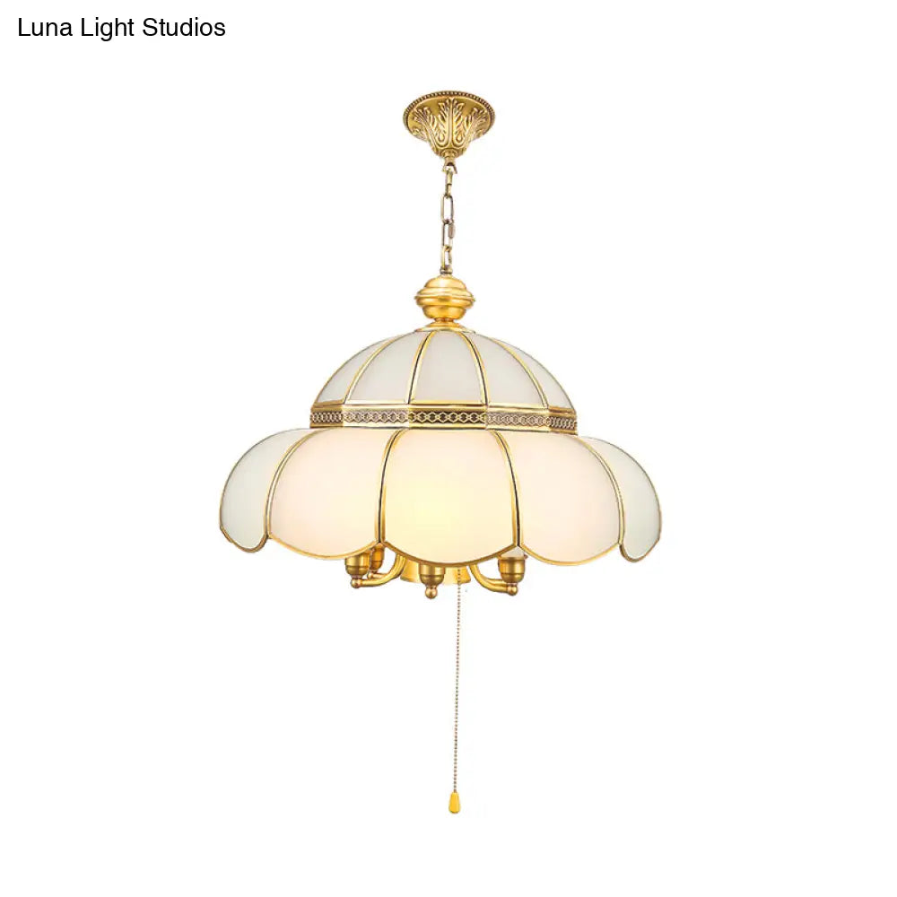 Traditional Gold Scalloped Corridor Chandelier Light - 6 Bulbs Cream Glass Suspension With Pull