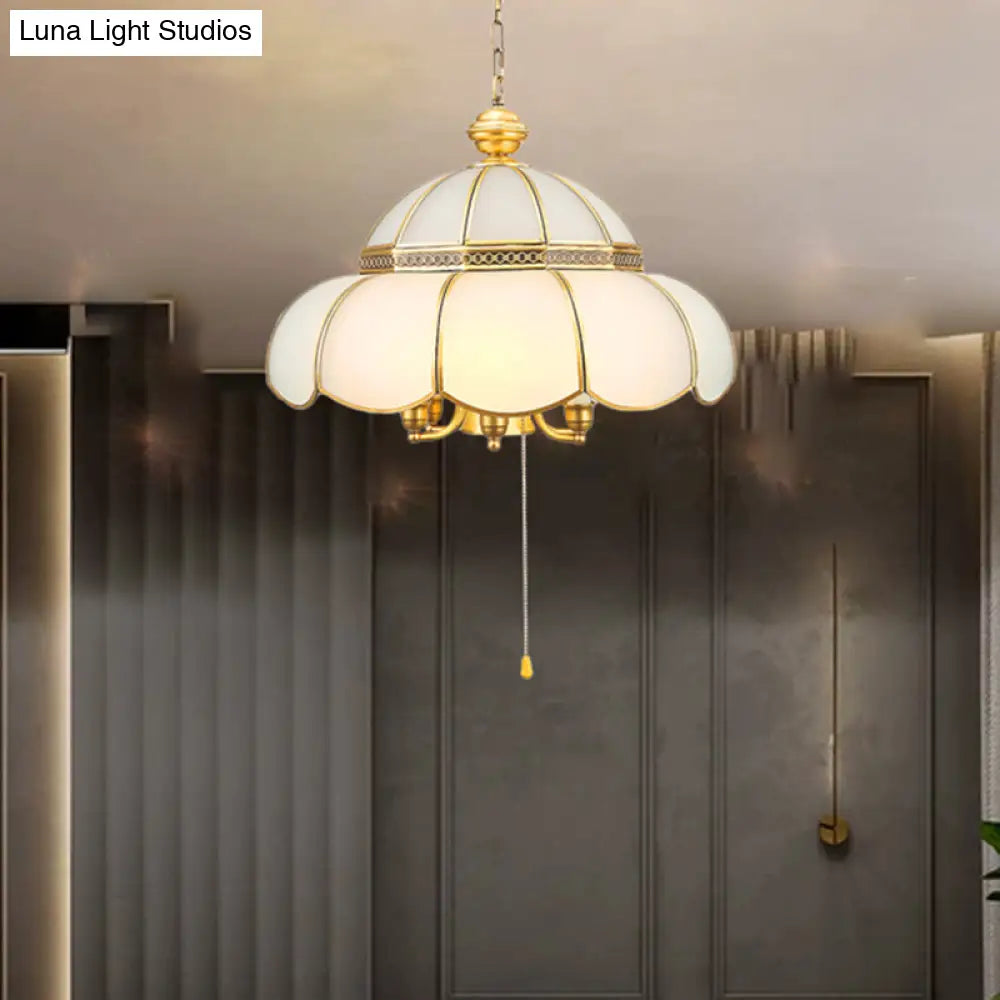 Traditional Gold Scalloped Corridor Chandelier Light - 6 Bulbs Cream Glass Suspension With Pull