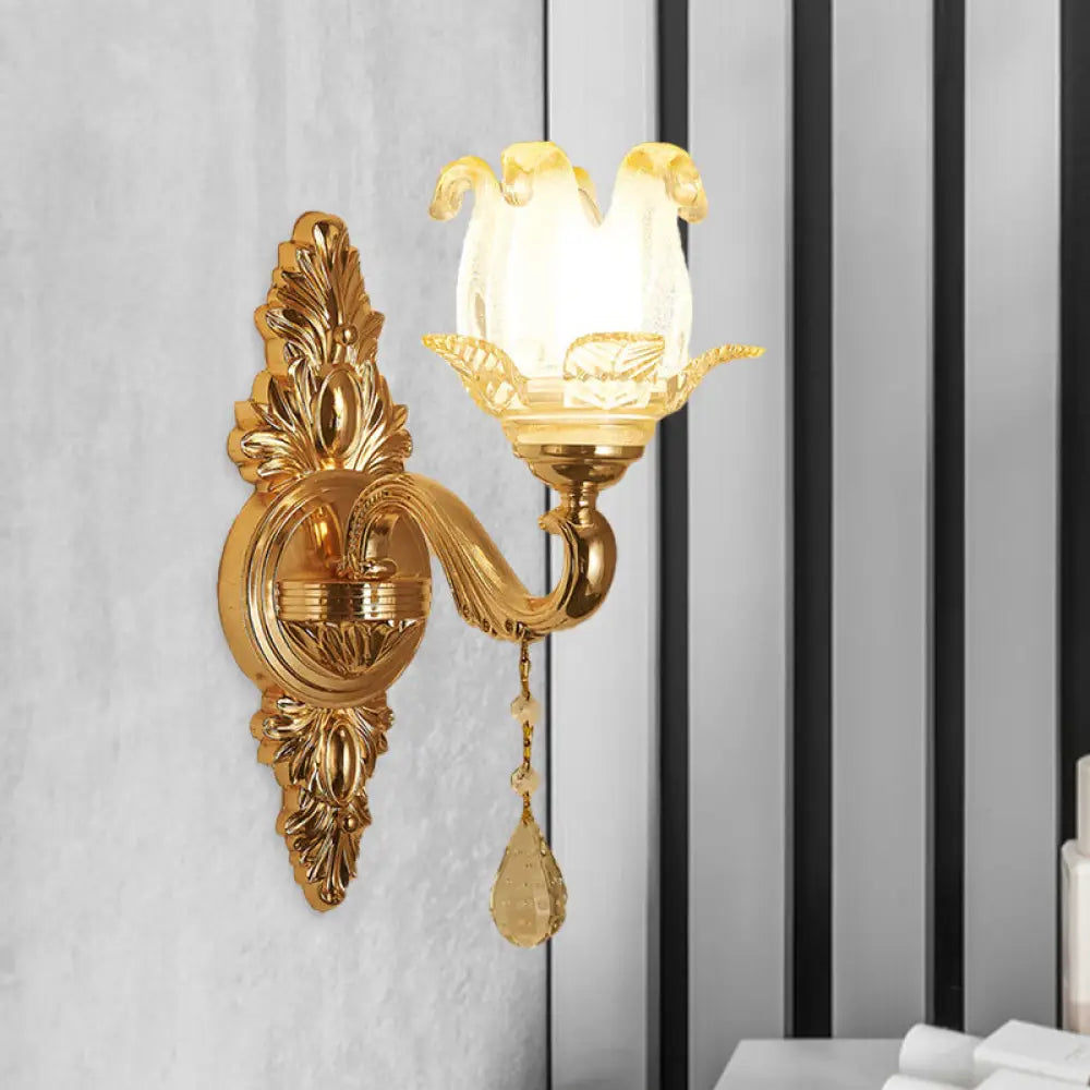 Traditional Gold Sconce Light With Frosted Glass Floral Design - Ideal For Living Room Wall Lighting