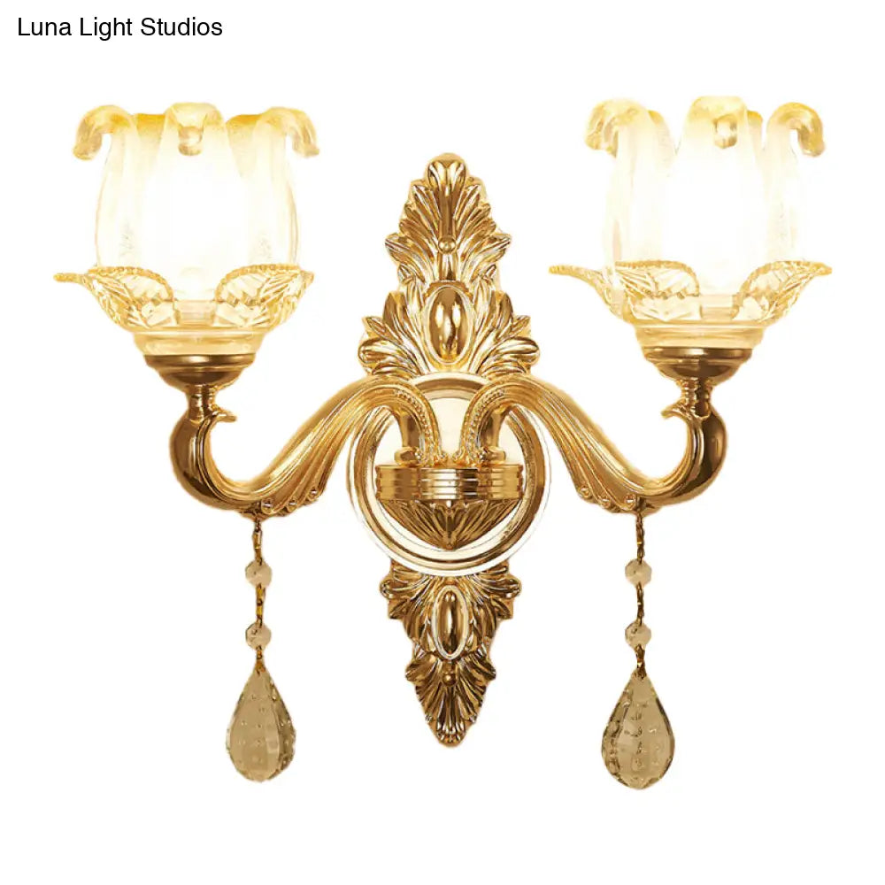 Traditional Gold Sconce Light With Frosted Glass Floral Design - Ideal For Living Room Wall Lighting