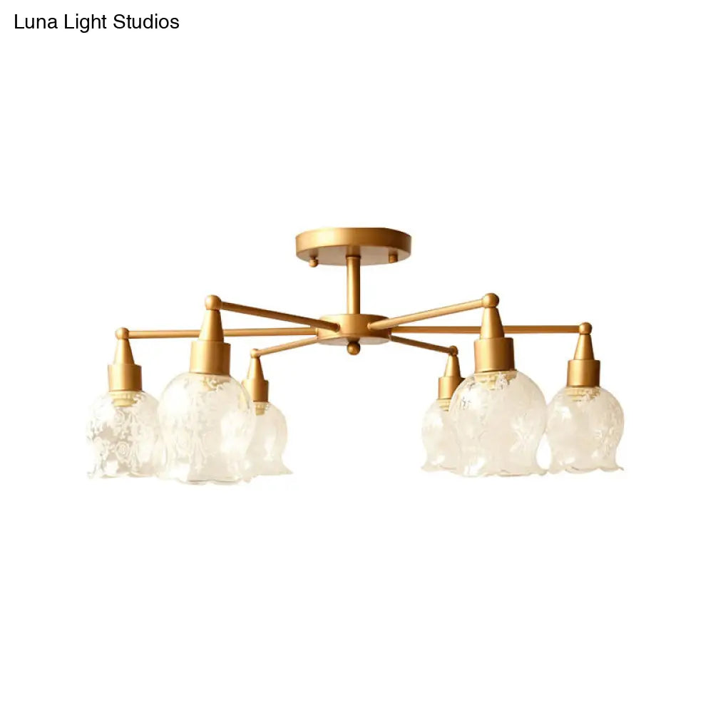 Traditional Gold Semi Flush Light With Flower Shape Clear Glass - 6 Lights Living Room Semi-Mount