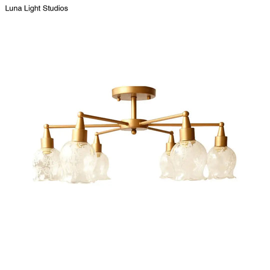 Traditional Gold Semi Flush Light With Flower Shape Clear Glass - 6 Lights Living Room Semi-Mount