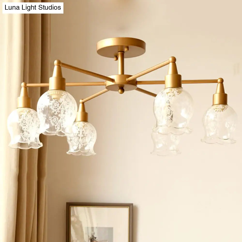 Traditional Gold Semi Flush Light With Flower Shape Clear Glass - 6 Lights Living Room Semi-Mount