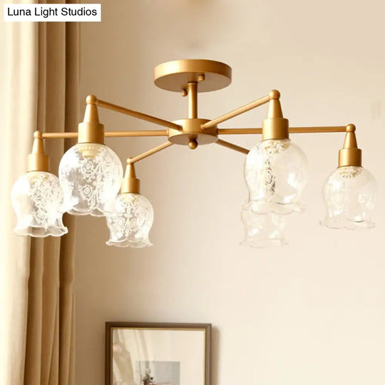 Traditional Gold Semi Flush Light With Flower Shape Clear Glass - 6 Lights Living Room Semi-Mount