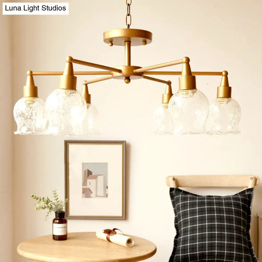 Traditional Gold Semi Flush Light With Flower Shape Clear Glass - 6 Lights Living Room Semi-Mount