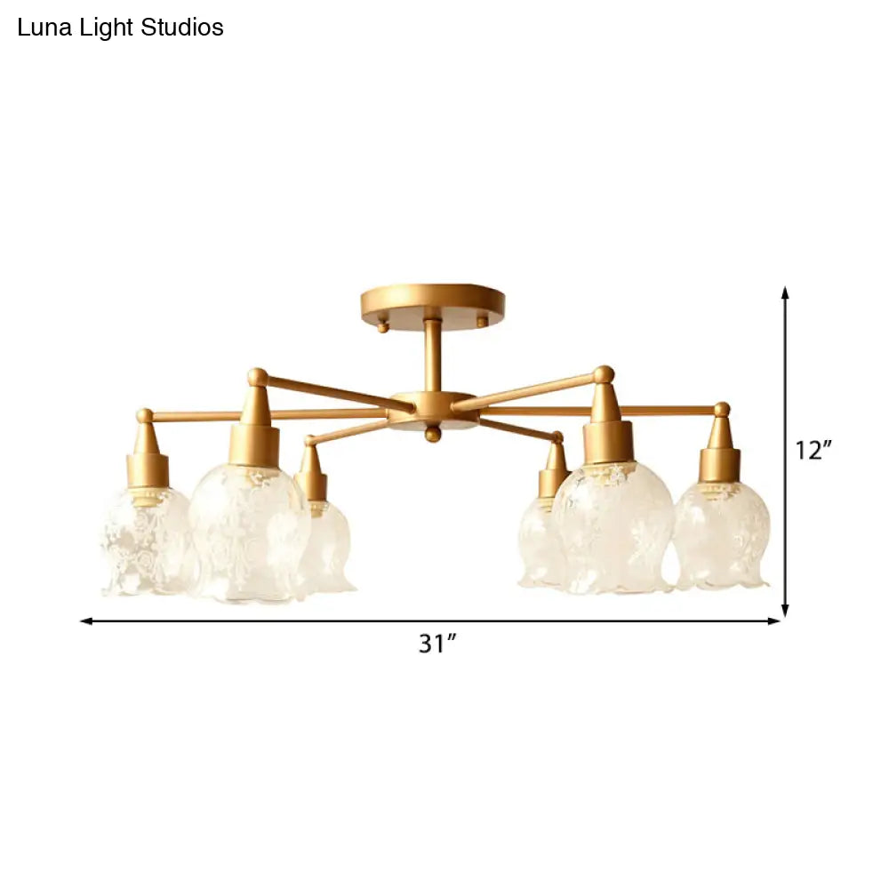 Traditional Gold Semi Flush Light With Flower Shape Clear Glass - 6 Lights Living Room Semi-Mount