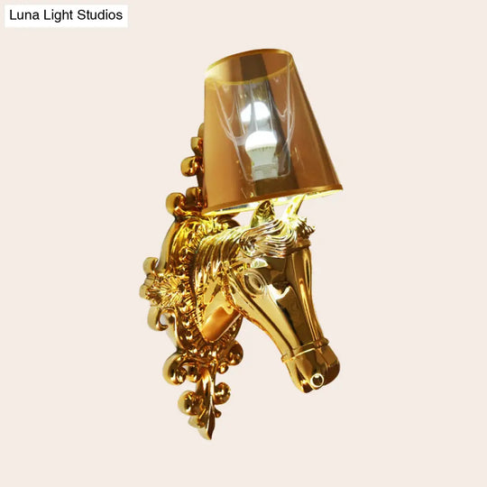 Traditional Gold/Silver Cone Sconce Light With Horse Head Backplate - One Bulb Fabric Wall Lighting