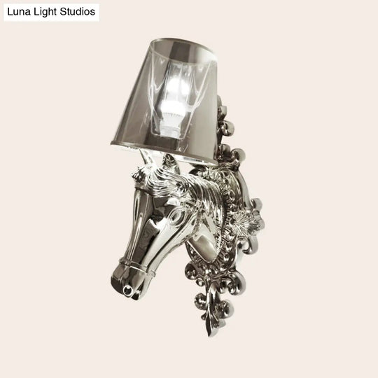 Traditional Gold/Silver Cone Sconce Light With Horse Head Backplate - One Bulb Fabric Wall Lighting