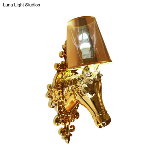 Traditional Gold/Silver Cone Sconce Light With Horse Head Backplate - One Bulb Fabric Wall Lighting