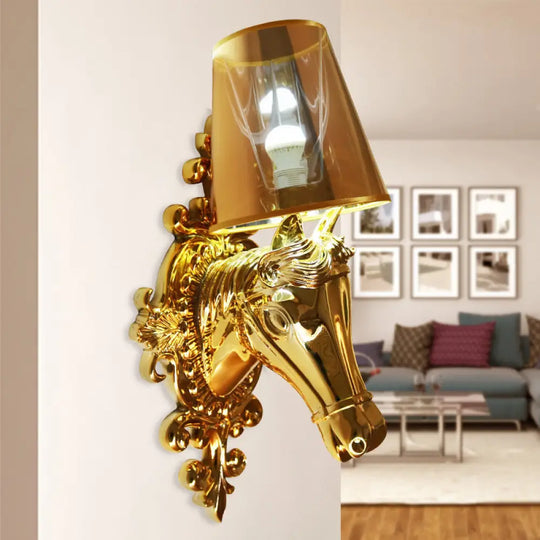 Traditional Gold/Silver Cone Sconce Light With Horse Head Backplate - One Bulb Fabric Wall Lighting