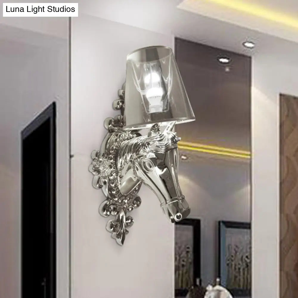 Traditional Gold/Silver Cone Sconce Light With Horse Head Backplate - One Bulb Fabric Wall Lighting