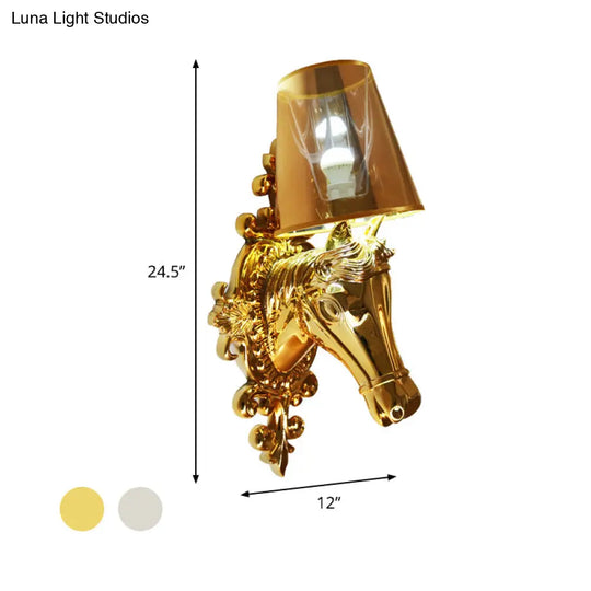 Traditional Gold/Silver Cone Sconce Light With Horse Head Backplate - One Bulb Fabric Wall Lighting