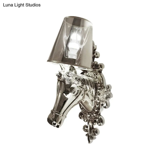 Traditional Gold/Silver Cone Sconce Light With Horse Head Backplate - One Bulb Fabric Wall Lighting