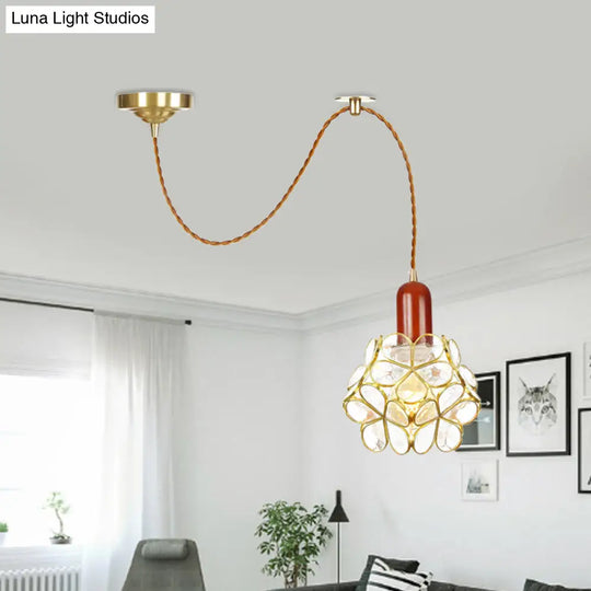 Traditional Gold Suspension Lamp With Wood Top - Flower Clear Water Glass Pendant For Bedroom