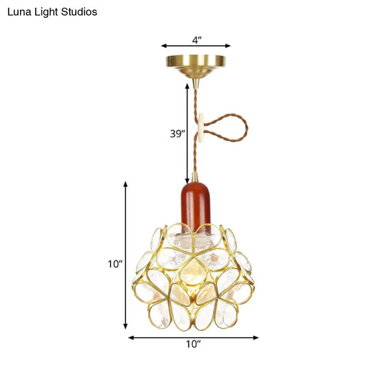 Traditional Gold Suspension Lamp With Wood Top - Flower Clear Water Glass Pendant For Bedroom