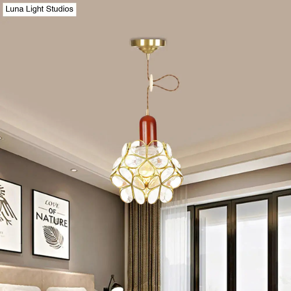 Traditional Gold Suspension Lamp With Wood Top - Flower Clear Water Glass Pendant For Bedroom