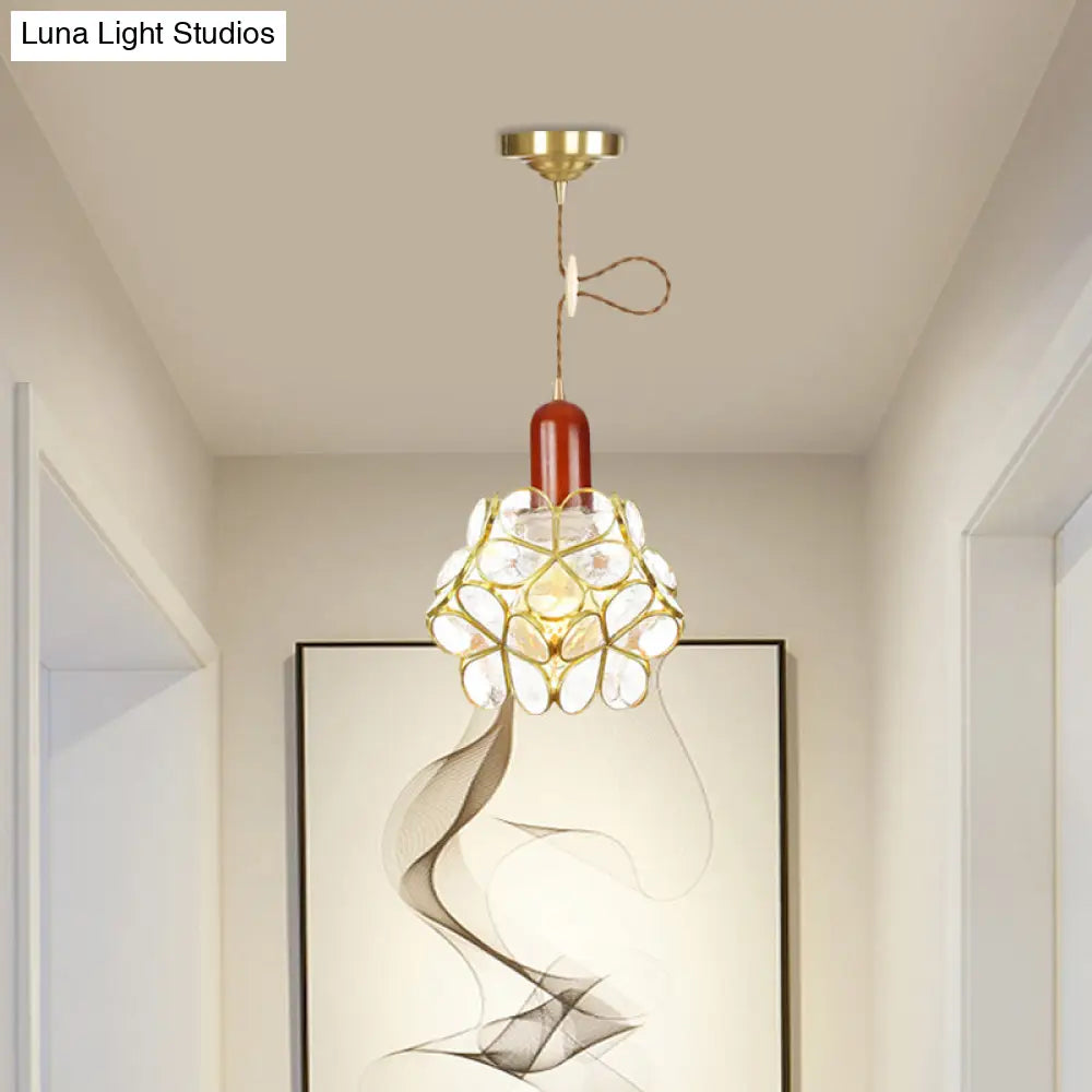 Traditional Gold Suspension Lamp With Wood Top - Flower Clear Water Glass Pendant For Bedroom