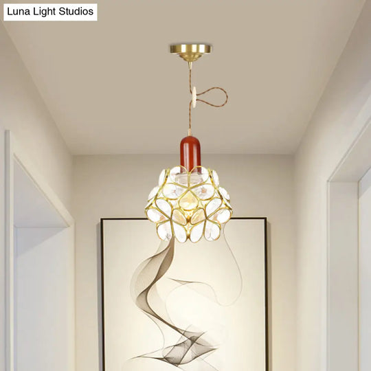 Traditional Gold Suspension Lamp With Wood Top - Flower Clear Water Glass Pendant For Bedroom