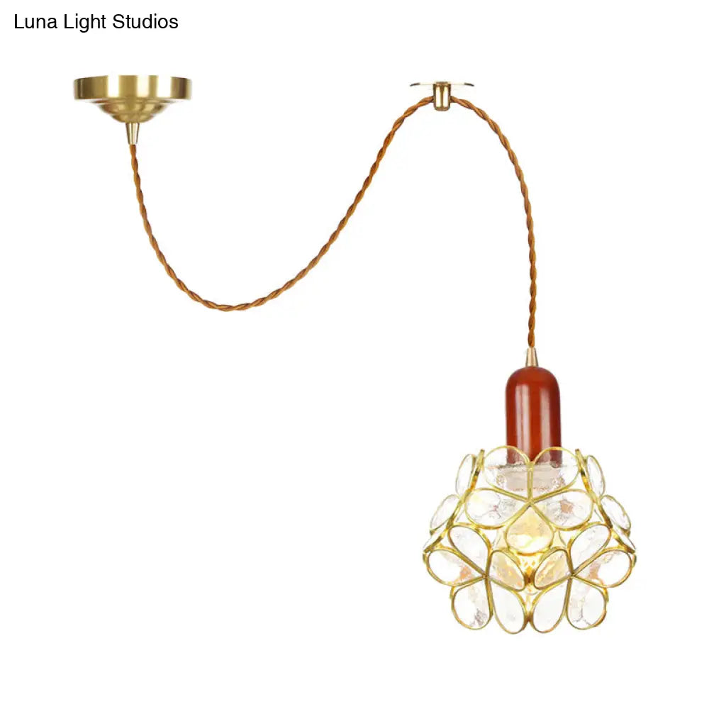 Traditional Gold Suspension Lamp With Wood Top - Flower Clear Water Glass Pendant For Bedroom