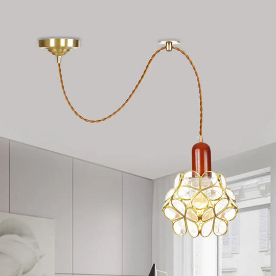 Traditional Gold Suspension Lamp With Wood Top - Flower Clear Water Glass Pendant For Bedroom