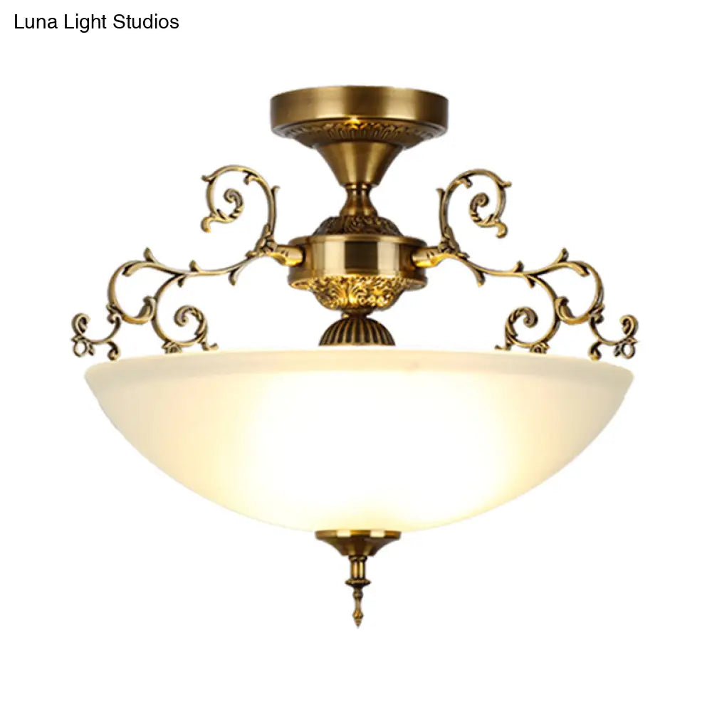 Traditional Gold Swirling Arm Ceiling Lamp With 3 Wide Bowl Lights 13’/17’ Semi Flush Mount