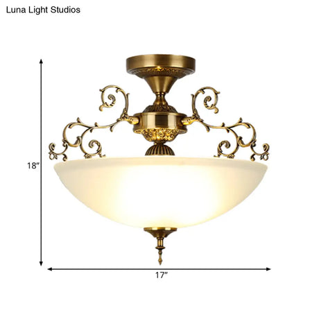 Traditional Gold Swirling Arm Ceiling Lamp With 3 Wide Bowl Lights 13’/17’ Semi Flush Mount