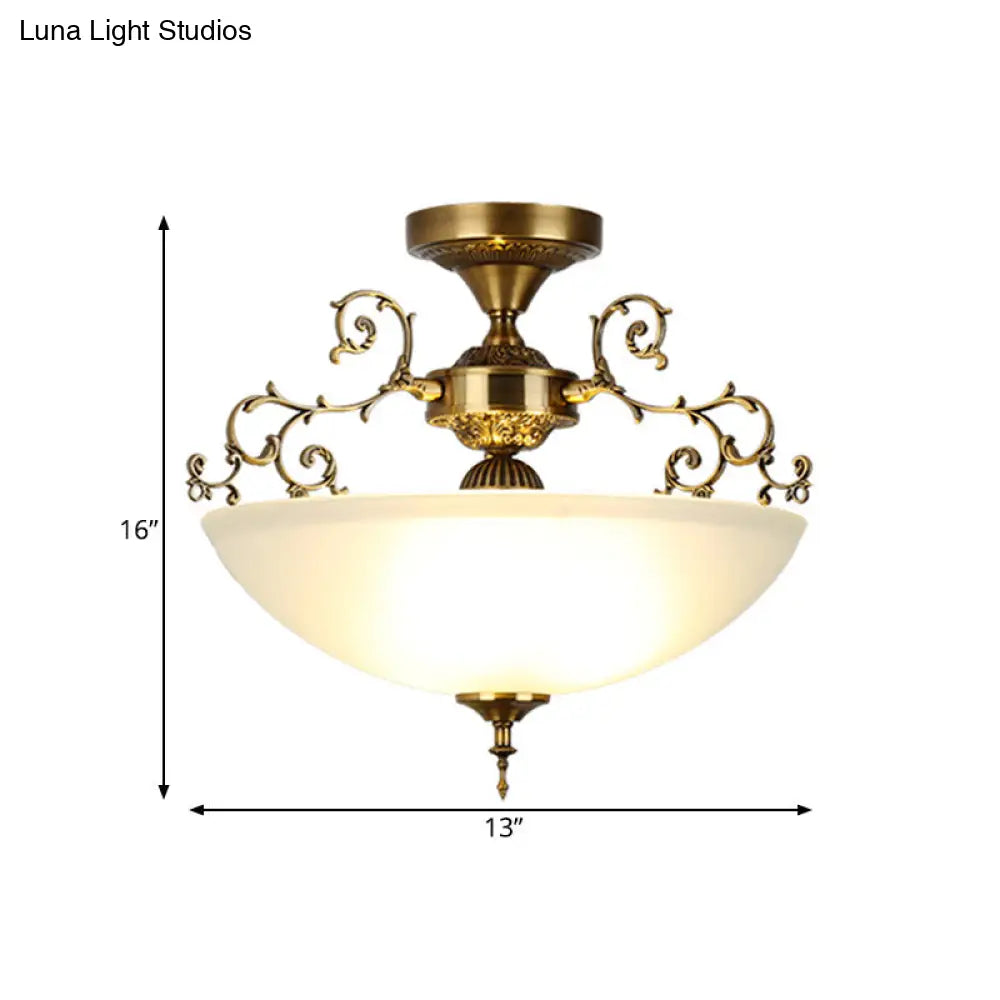 Traditional Gold Swirling Arm Ceiling Lamp With 3 Wide Bowl Lights 13’/17’ Semi Flush Mount