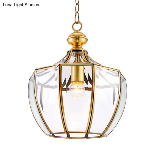 Traditional Gold Urn Pendant Light - Clear Glass 1 Head Suspended In Corridor