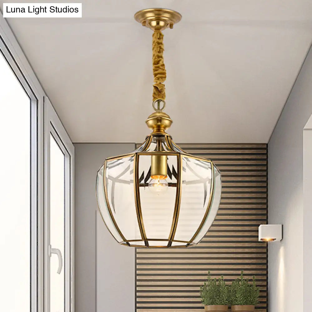 Traditional Gold Urn Pendant Light - Clear Glass 1 Head Suspended In Corridor