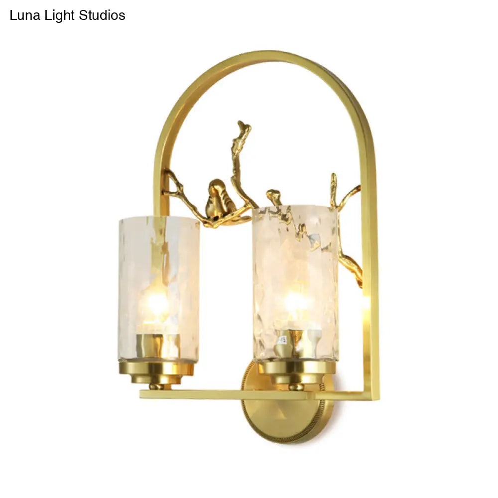 Traditional Gold Wall Sconce With Bird Deco - Cylindrical Metal Fixture