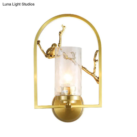 Traditional Gold Wall Sconce With Bird Deco - Cylindrical Metal Fixture