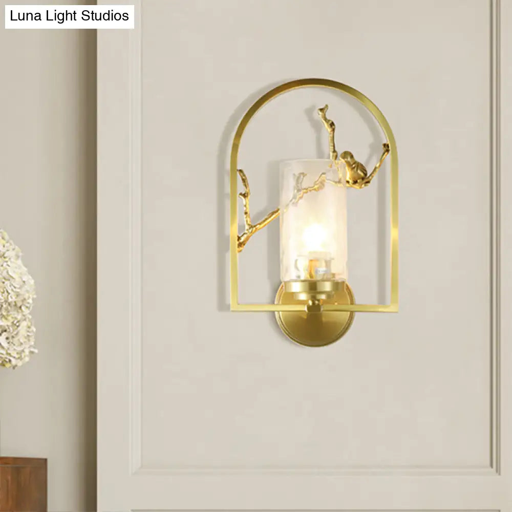 Traditional Gold Wall Sconce With Bird Deco - Cylindrical Metal Fixture