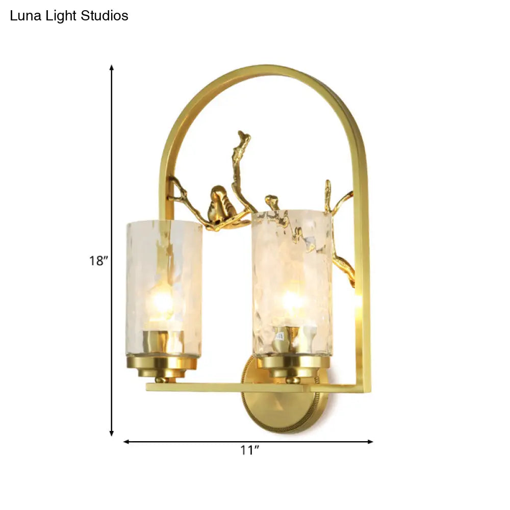 Traditional Gold Wall Sconce With Bird Deco - Cylindrical Metal Fixture