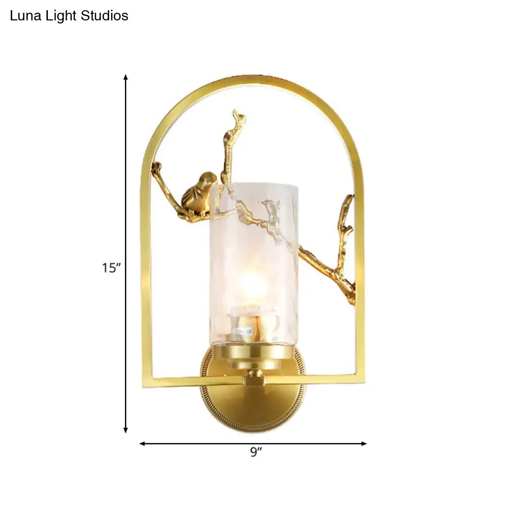 Traditional Gold Wall Sconce With Bird Deco - Cylindrical Metal Fixture