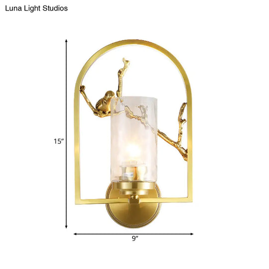 Traditional Gold Wall Sconce With Bird Deco - Cylindrical Metal Fixture